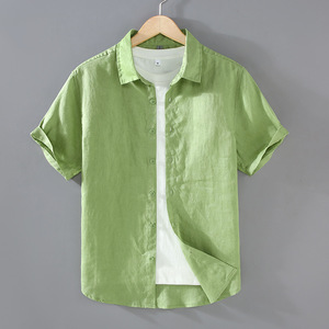 纯亚麻短袖衬衫100%全衬衣服透气