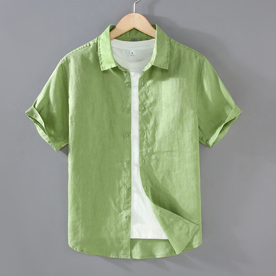 纯亚麻短袖衬衫100%全衬衣服透气