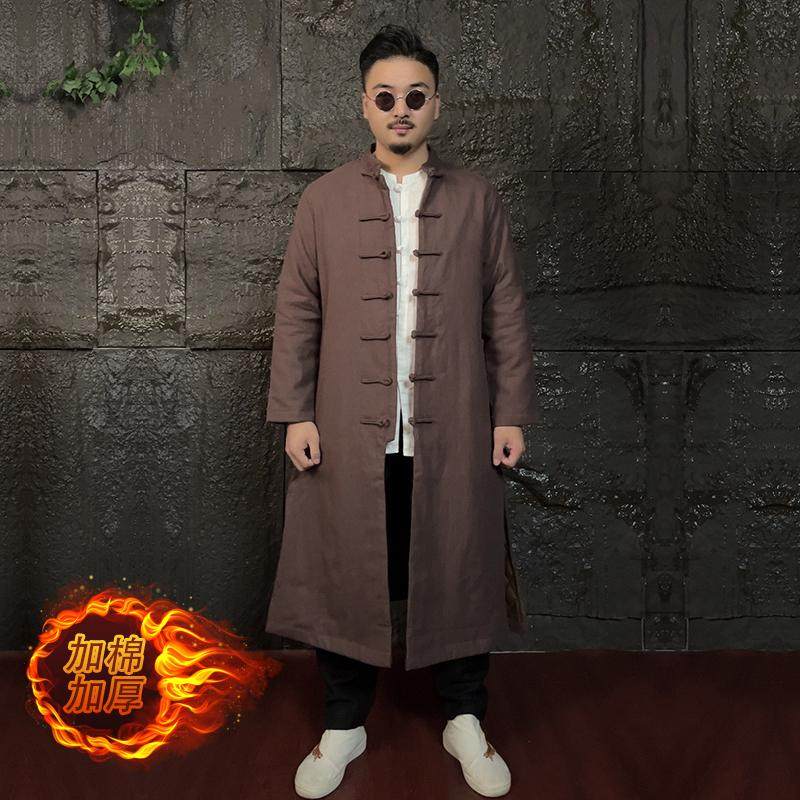 秋冬棉麻大衣汉服款男士休闲长款