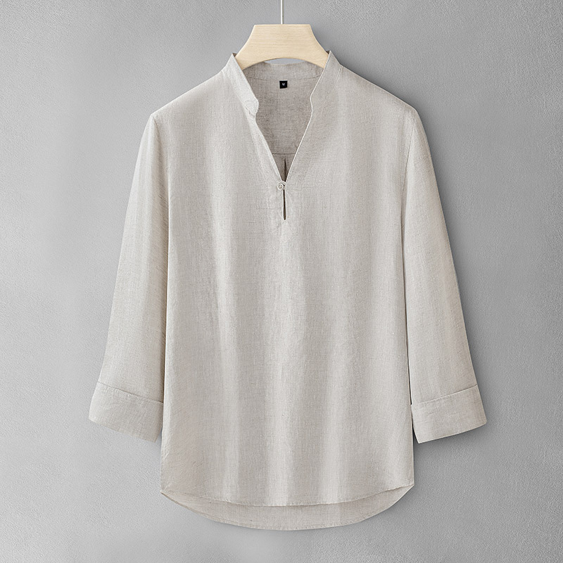 男士亚麻七分袖T恤夏季薄款短袖