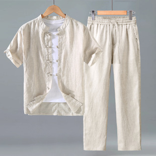 夏季男士中式唐装纯亚麻盘扣短袖衬衫套装宽松透气全麻直筒休闲裤