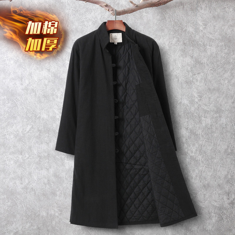 秋冬唐装男士新款中式复古盘扣棉麻长款棉衣青年潮流纯色棉袍外套