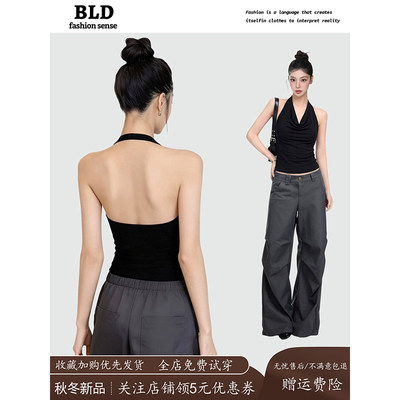 辣妹黑色挂脖露背带胸垫