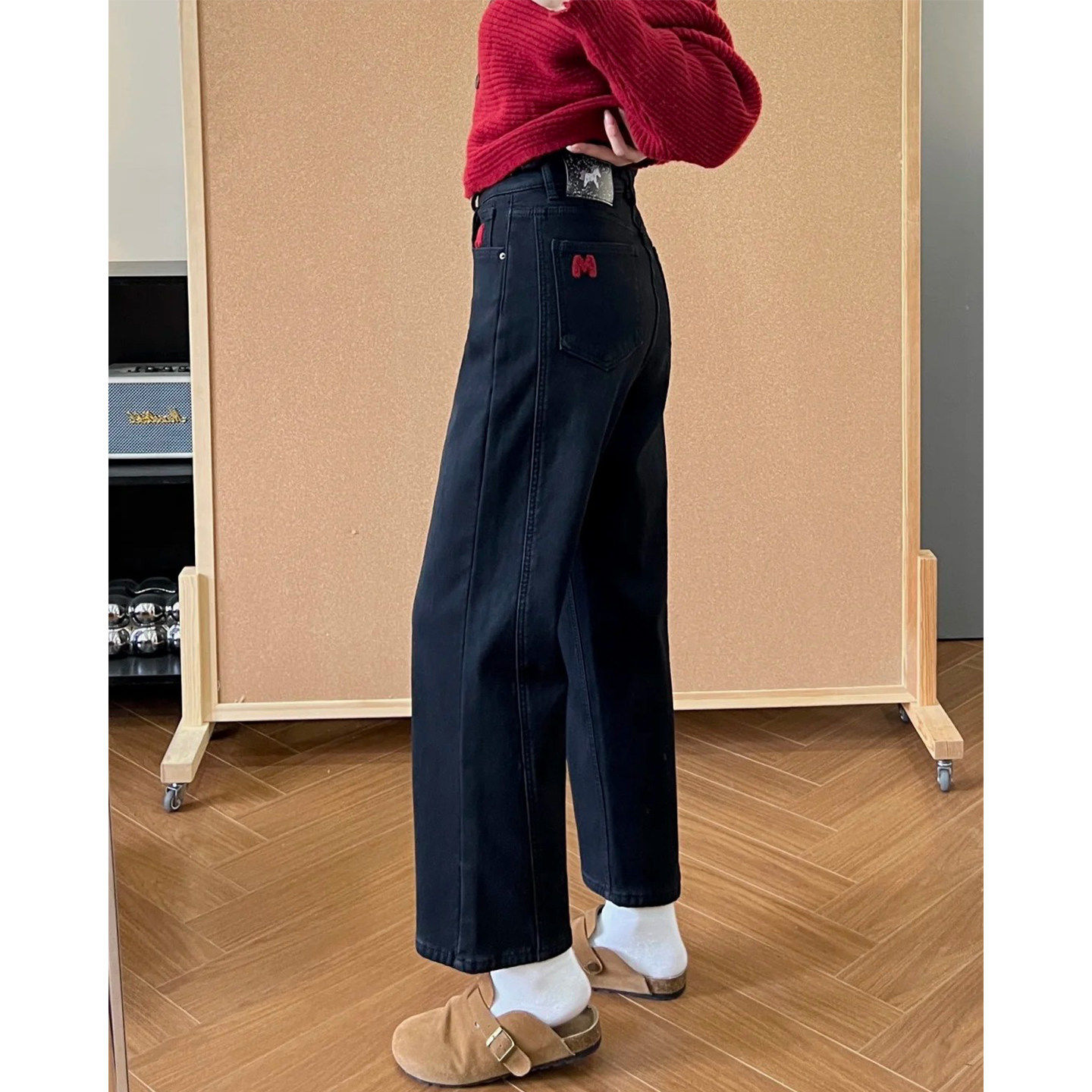 春季黑色裤子女小个子窄版直筒裤胖mm大码显瘦弹力九分烟管牛仔裤