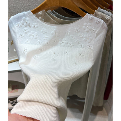钉珠花朵一字领针织衫女