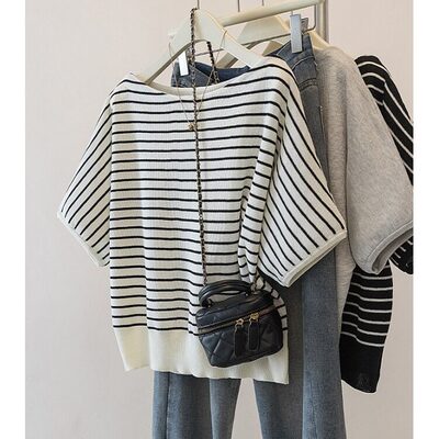 一字肩冰丝针织条纹短袖T