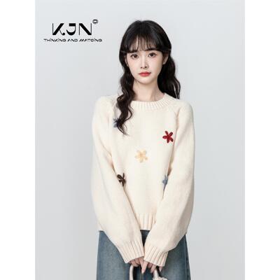 圆领加厚毛衣女2025秋冬新款宽松刺绣套头内搭针织衫小个子短上衣