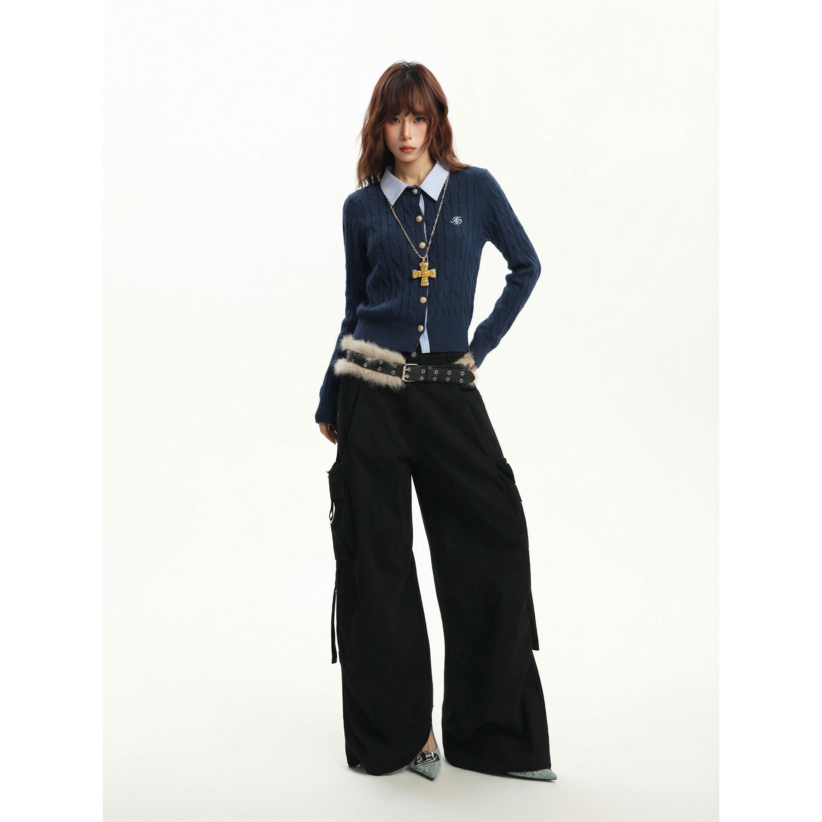 美式藏青色麻花polo领假两件长袖针织开衫女冬季修身短款毛衣上衣