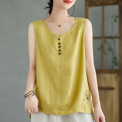 妈妈装夏款棉麻背心女苎