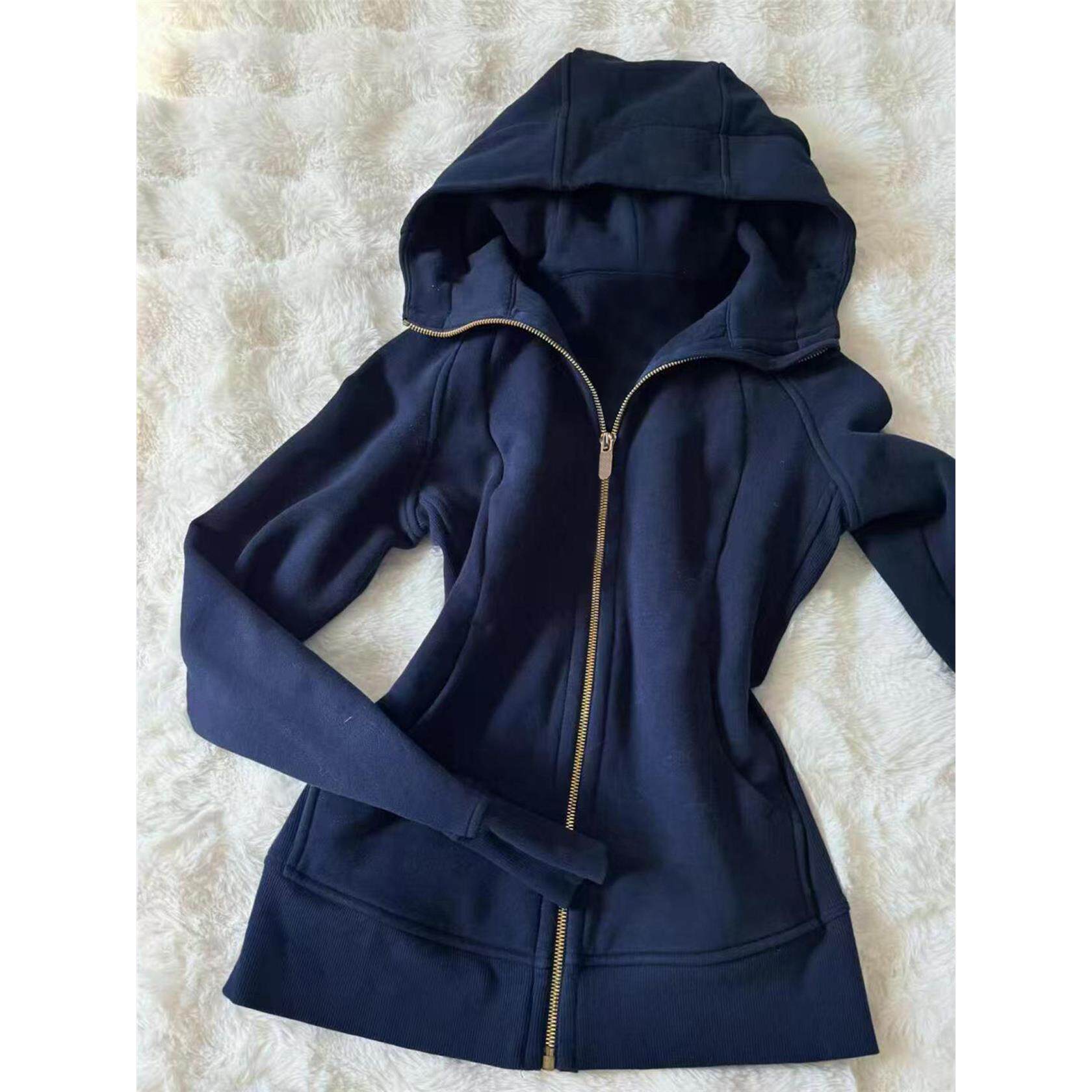 藏青色修身卫衣外套女款初秋季正肩收腰紧身上衣连帽瑜伽服小个子