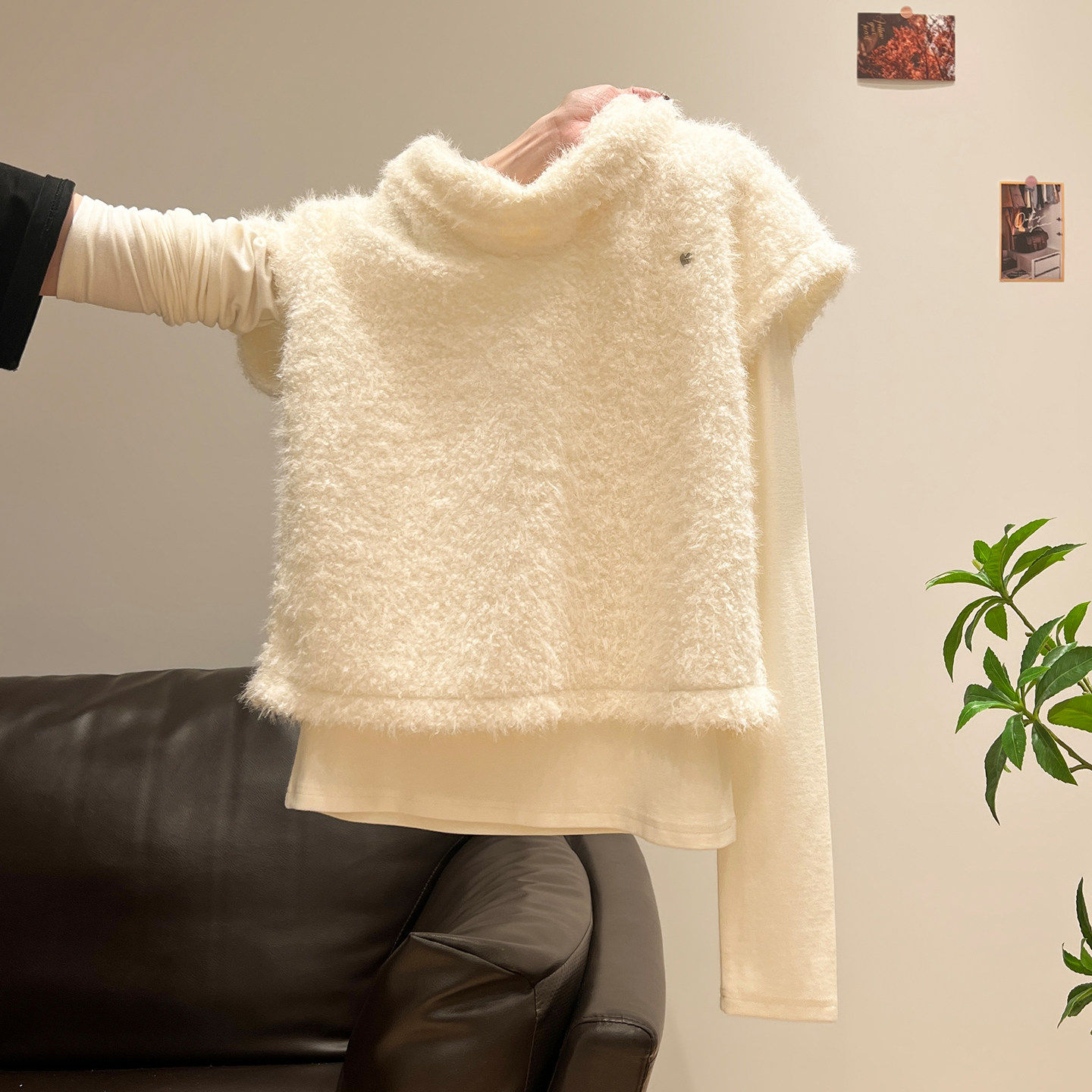 白色慵懒半高领毛衣短袖针织衫叠穿长袖内搭打底冬季上衣两件套女