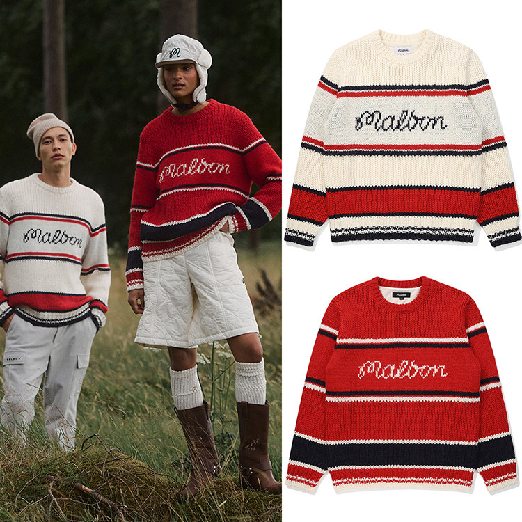 韩国代购MALBON高尔夫25冬条纹撞色慵懒风圆领运动毛衣针织衫男式