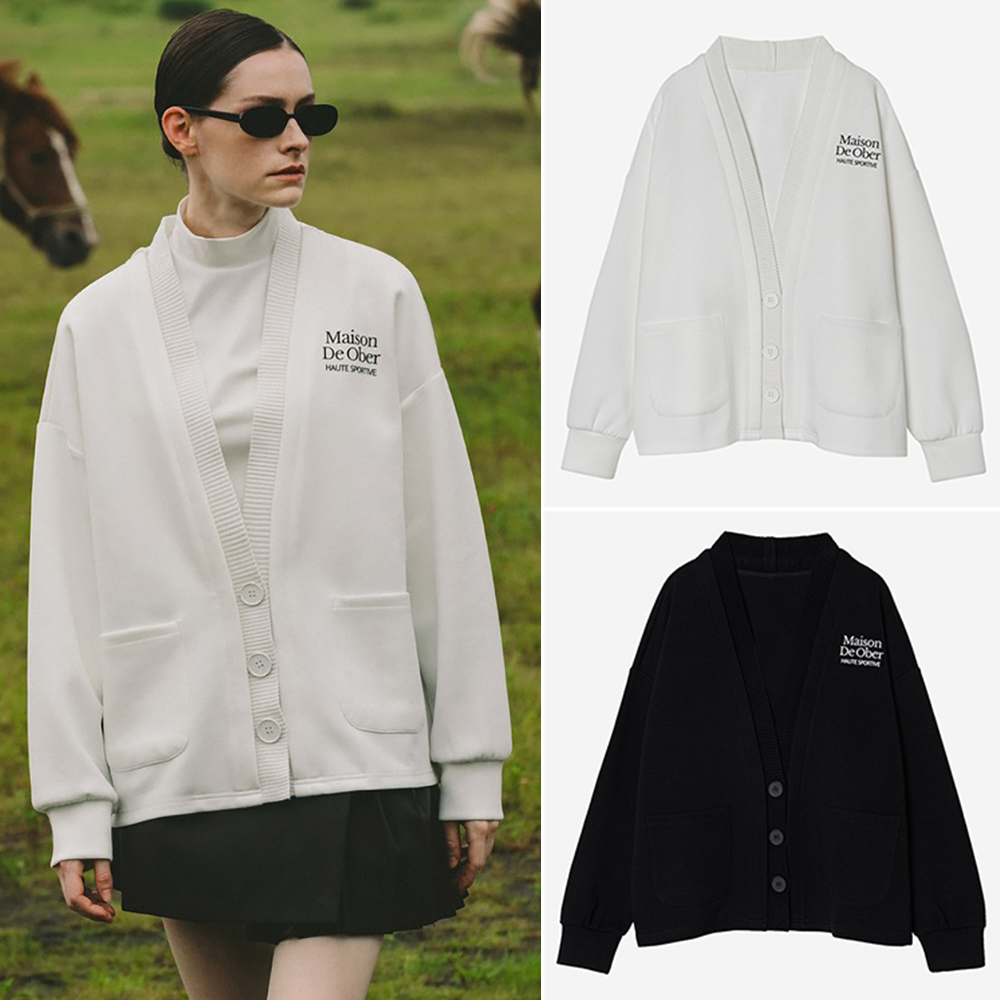 韩国代购OBER高尔夫穿搭25秋中性风宽松V领运动长袖开衫外套女式