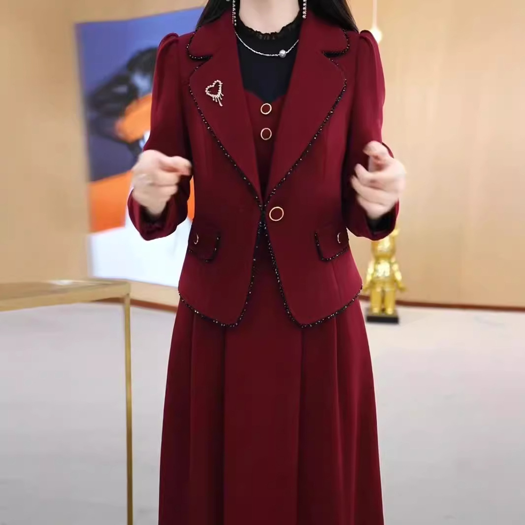 2024秋冬新款高级感加绒加厚西服外套连衣裙两件套高档显瘦套装女