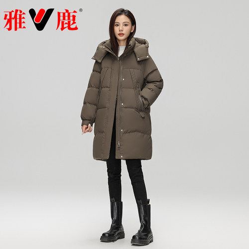 雅鹿中长款羽绒服可脱卸帽