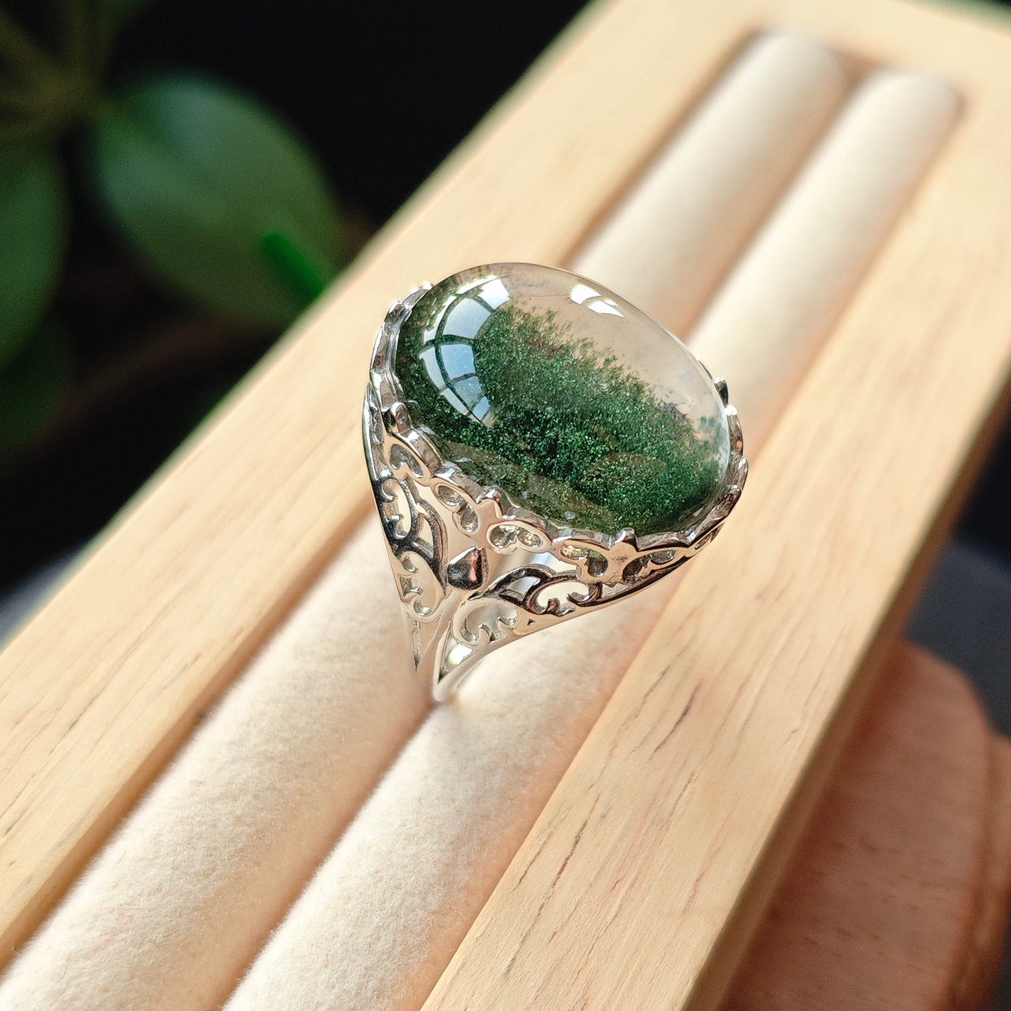 纯银绿幽灵水晶招财戒指女款