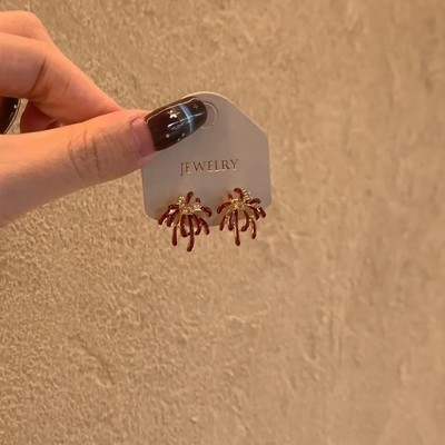 超闪红色珐琅烟花耳钉女复古港风