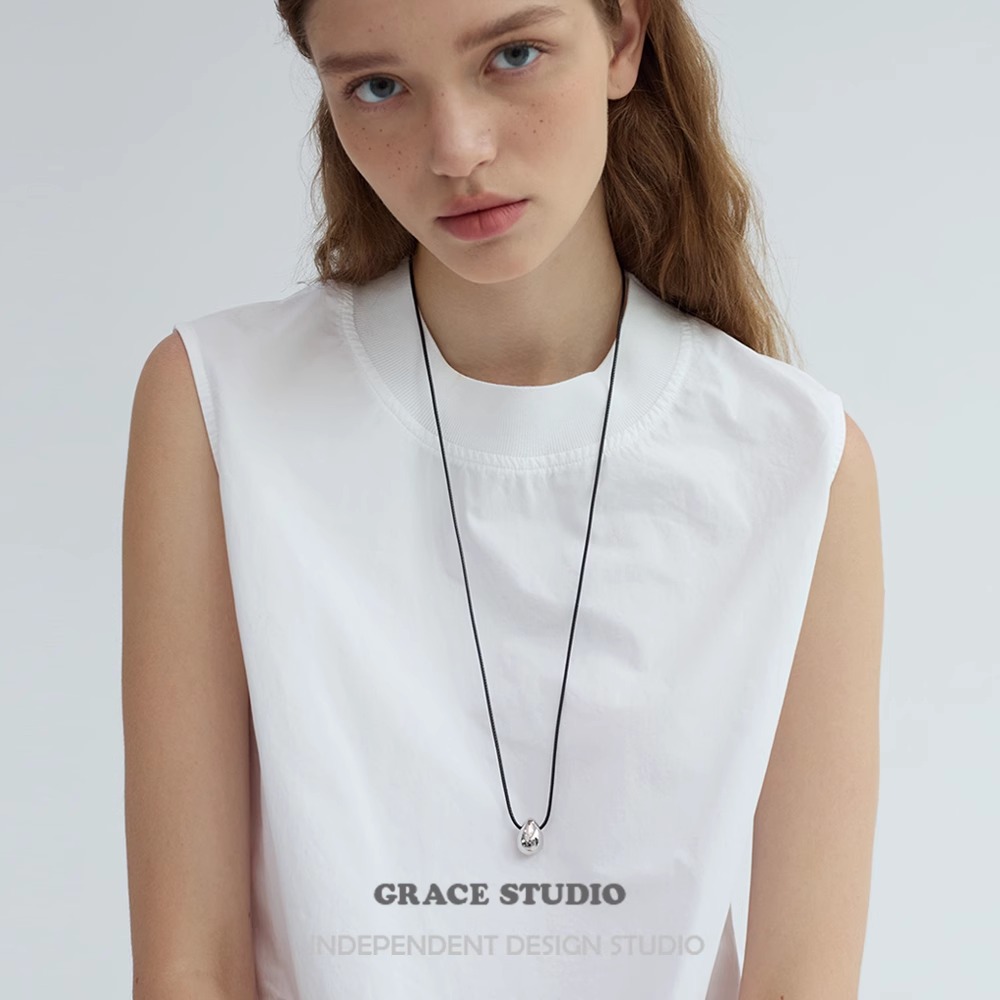 韩式极简冷淡风黑皮绳水滴项链女