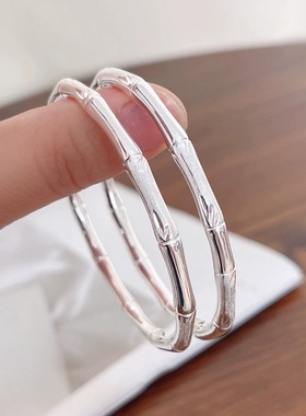 竹节银手镯女款S925纯银实心开口