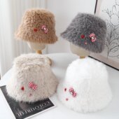 新款 可爱毛绒小兔蝴蝶结渔夫帽女秋冬保暖防寒盆帽显脸小水桶帽