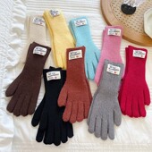 韩版 甜美彩色手套毛线针织长款 女士冬天防风五指保暖骑行成人手套