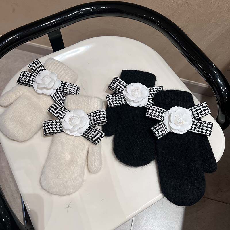 韩版双层加厚兔毛连指手套小香风千鸟格蝴蝶结山茶花保暖骑行手套