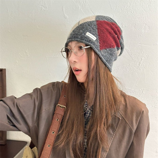 日系复古菱格拼接堆堆帽秋冬撞色街头百搭时髦冷帽网红显脸小冷帽