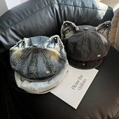 可爱翻檐猫耳水洗帽子女做旧八角帽百搭文艺贝雷帽复古牛仔报童帽