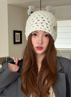 珍珠蝴蝶结镂空针织帽女秋冬韩版百搭显脸小毛线帽大头围黑色帽子