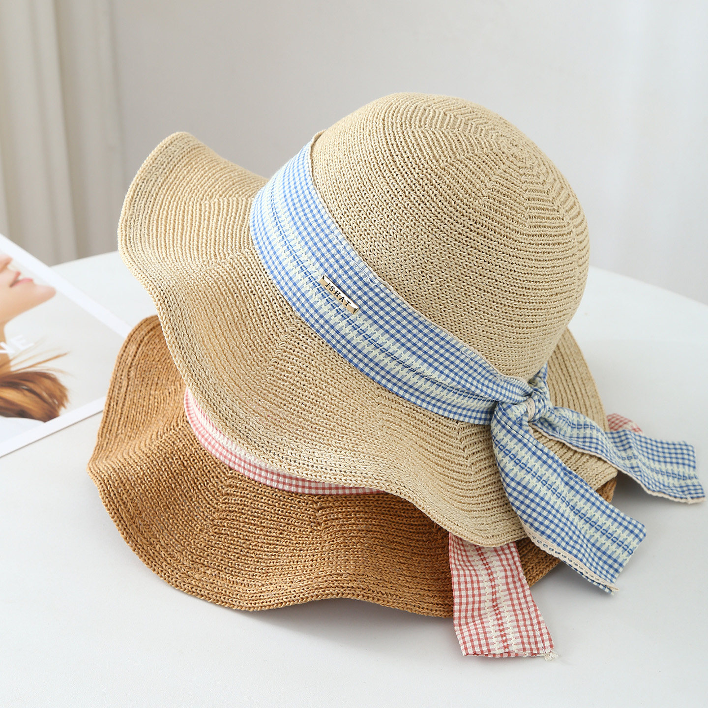 日系波浪边大檐渔夫帽女夏薄款针织透气时尚波点蝴蝶结飘带防晒帽