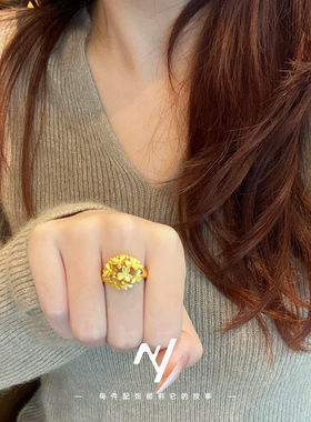 沙金中古风复古镀金色花塔戒指 女款新娘婚戒百花齐放花朵花环戒