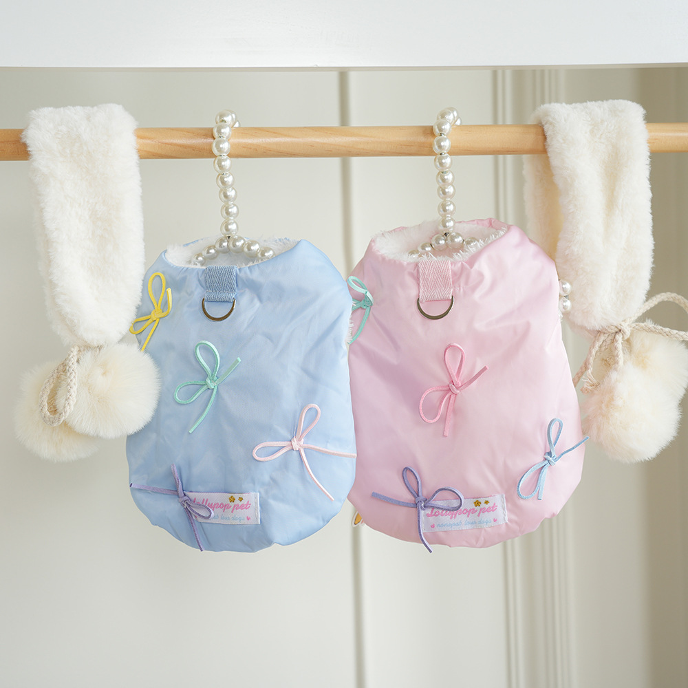 秋冬款宠物狗狗衣服带围脖麂皮蝴蝶结棉衣泰迪比熊猫咪可牵引加绒