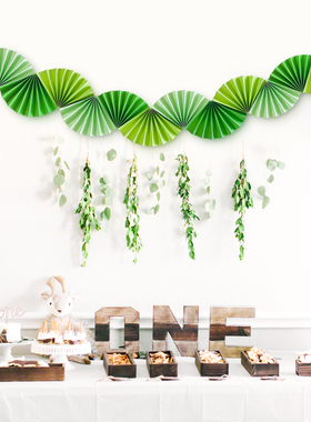 森系绿色主题折纸扇拉旗装饰节日生日派对商场橱窗婚礼夏威夷风