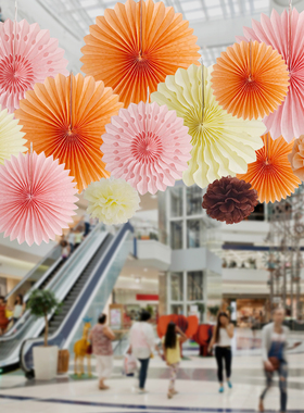 秋天商场橱窗活动布置幼儿园拉花纸扇花舞台教室背景感恩节日装饰