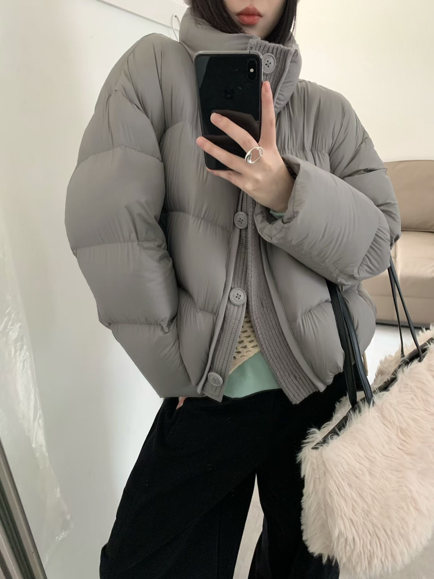 韩版高端针织拼接立领保暖羽绒服女白鸭绒90短款小个子加厚面包服