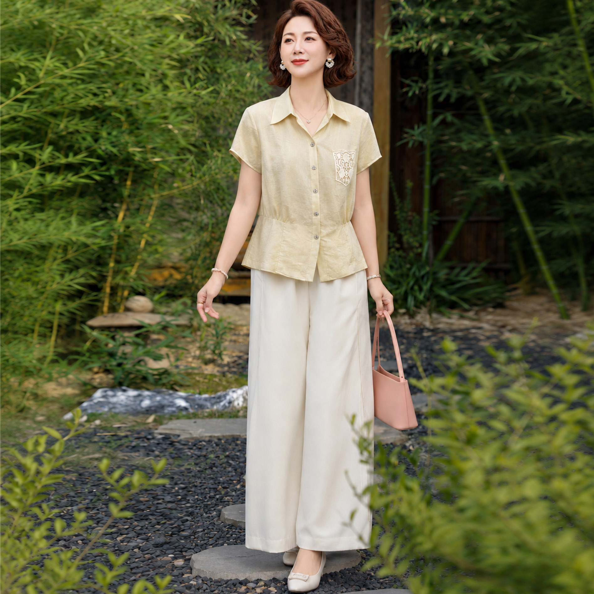 中老年妈妈装夏季衬衫阔腿裤套装