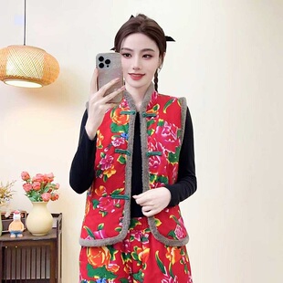 东北大花马甲中国风花棉袄盘扣民族风女装加绒加厚唐装过年坎肩冬