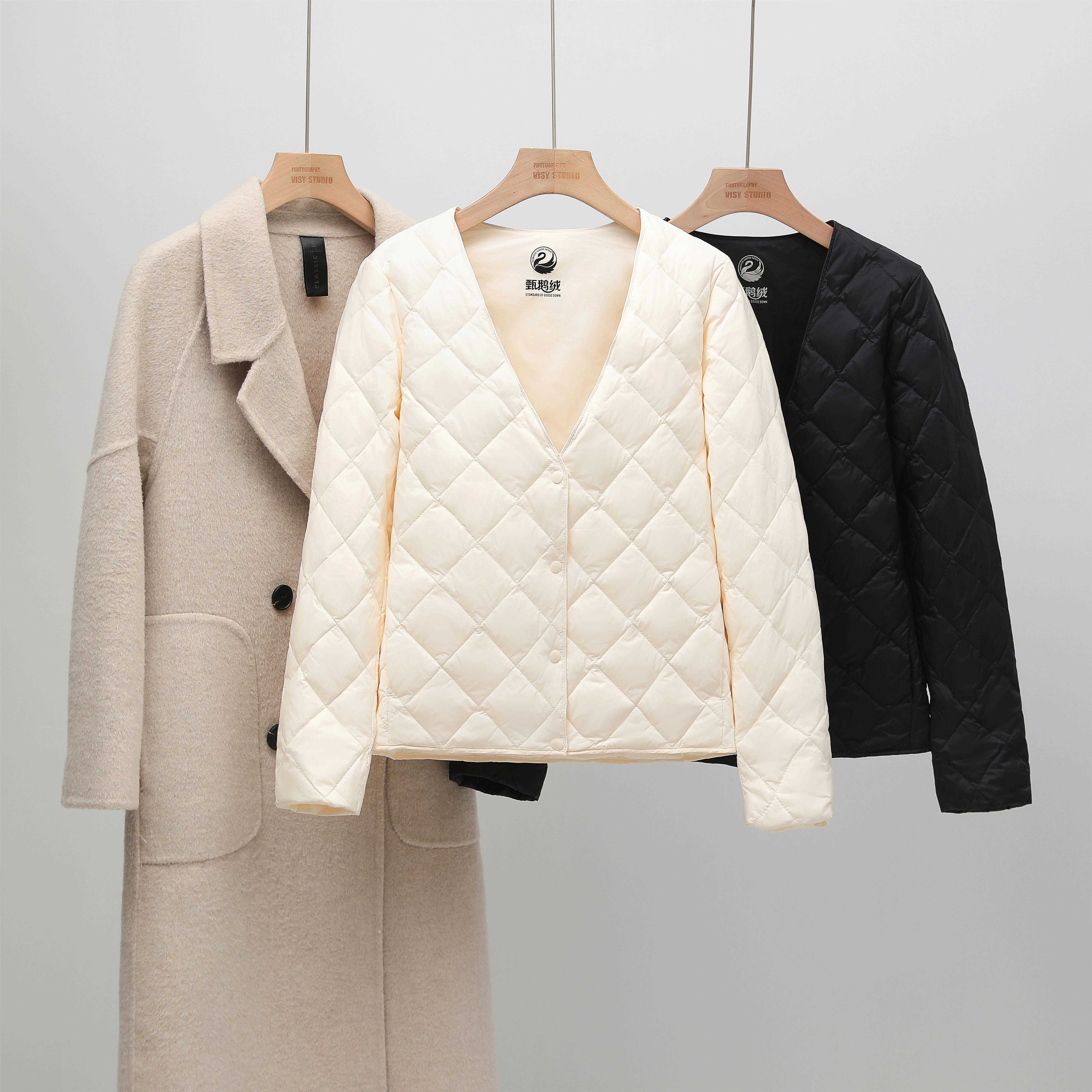 大衣内搭 白鹅绒2025冬轻薄内胆短款V领保暖修身长袖羽绒服外套女
