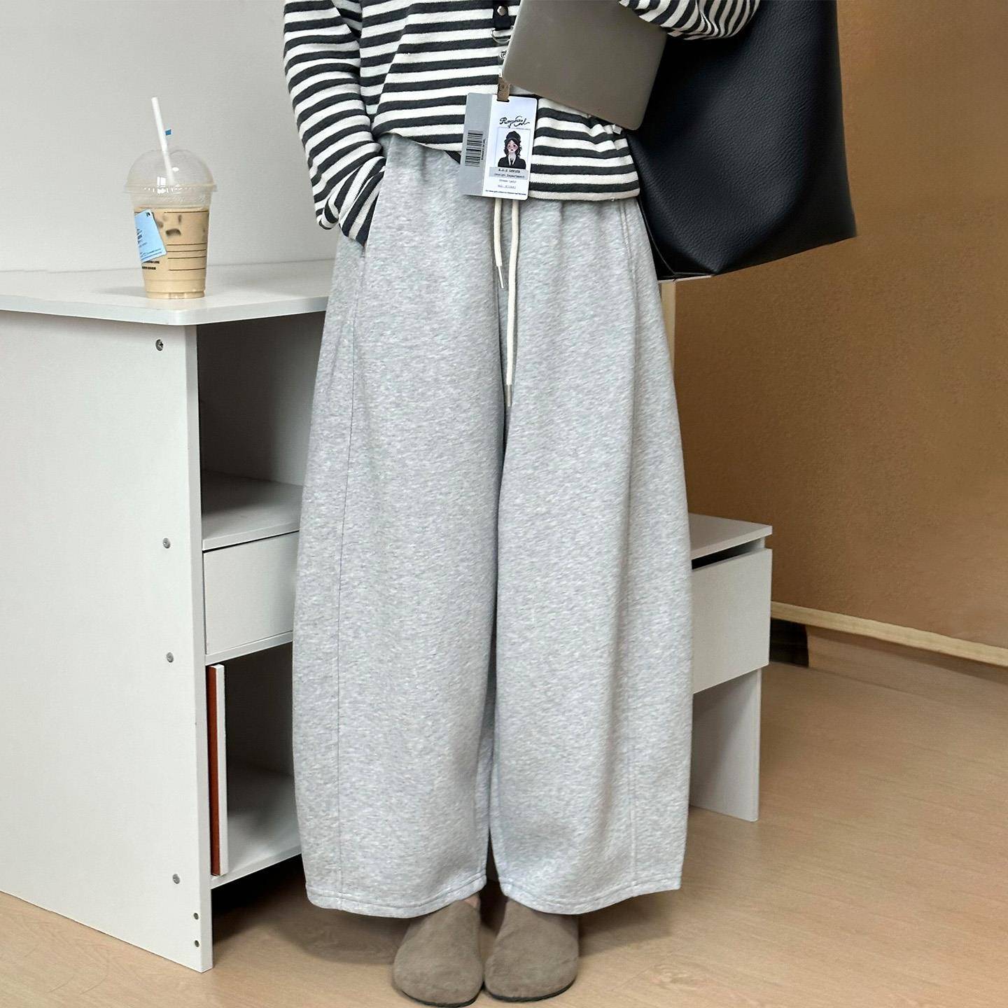 慵懒风灰色裤子女秋冬加绒今年流行爆款九分裤弯刀阔腿奶奶裤卫裤