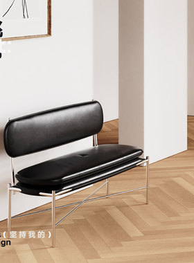 挑时LC长椅包豪斯靠背长凳皮革复古餐椅黑色长条椅不锈钢客厅餐厅
