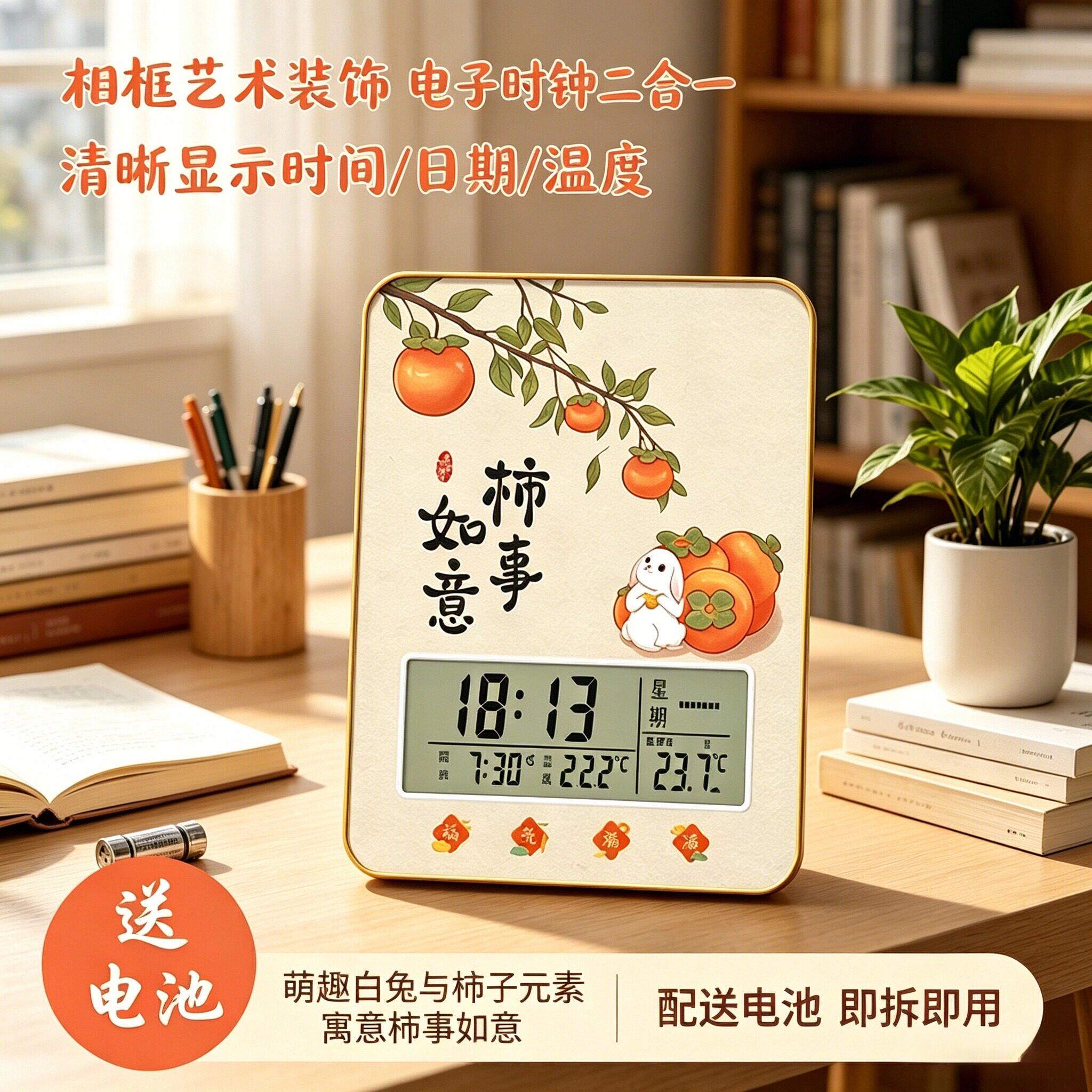 平安喜乐温度日期台钟客厅创意钟表摆件卧室静音智能电子闹钟时钟
