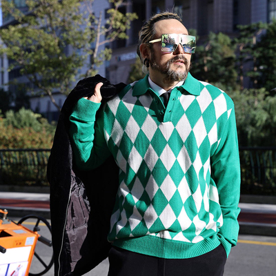 韩国潮牌秋季毛衣韩风男士棋盘格绿色格子宽松休闲POLO套头针织衫