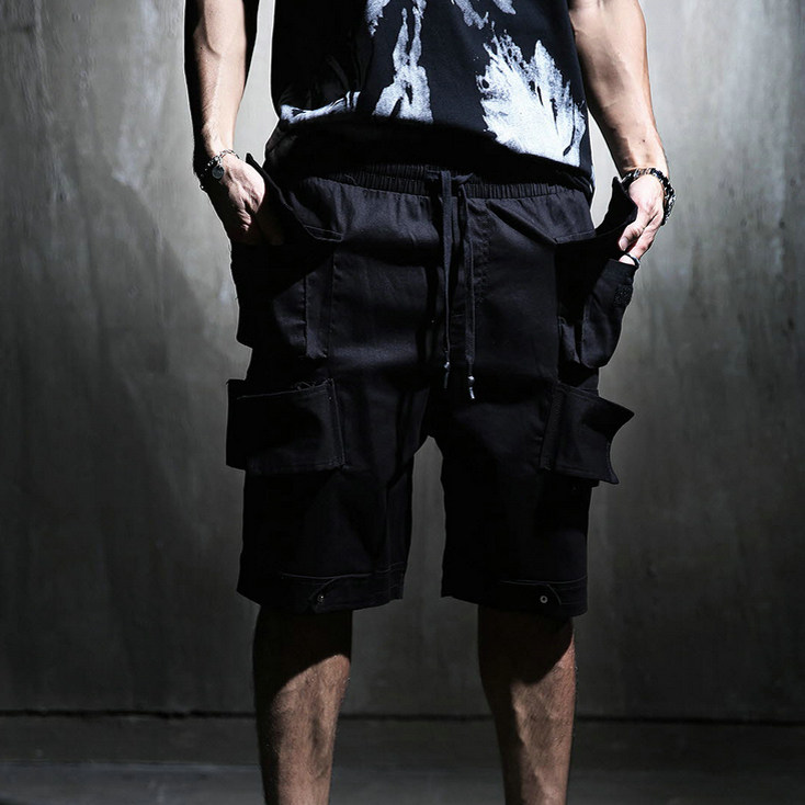 韩国潮牌工装短裤R韩版机车夏季新款纯色多口袋系带松紧腰时尚男