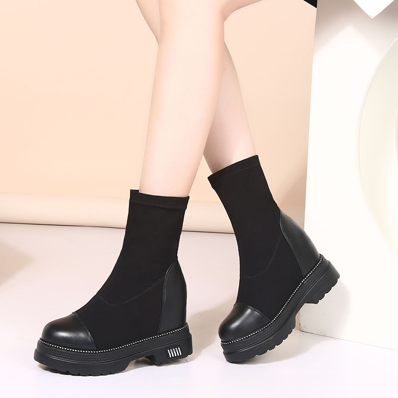 THICK-SOLED BOOTS INNER HEIGHTENED SOCK BOOTS MEDIUM BOOTS SINGLE BOOTS FLEECE COTTON BOOTS WOMENS MARTIN BOOTS SMALL ONE-FOOT SHOES