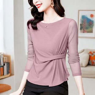 t恤小衫 高端蕾丝长袖 收腰显瘦网纱上衣内搭时尚 新款 t恤女2026秋季