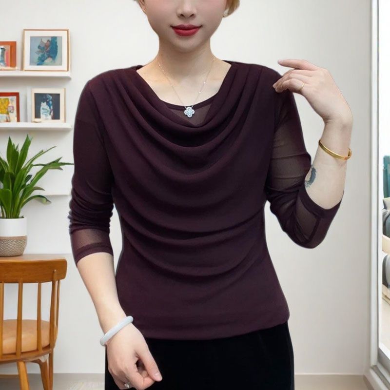 时尚堆堆领网纱打底衫女2025秋季新款高级感蕾丝上衣内搭t恤小衫