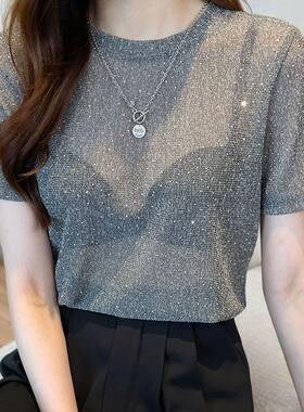 纯欲风时髦烫钻网纱上衣女