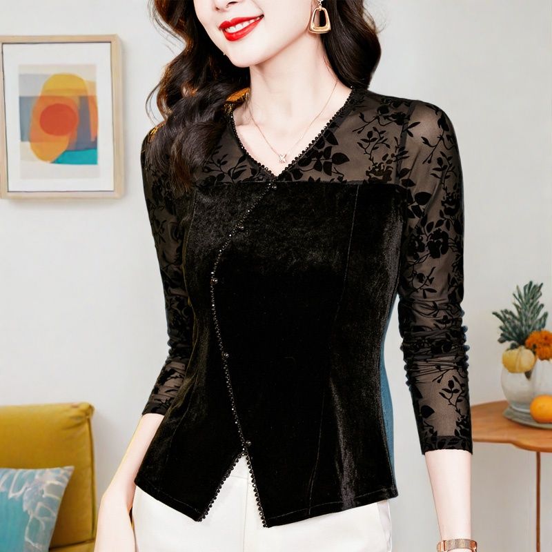 V领蕾丝打底衫女内搭秋季2025年新款高端植绒网纱t恤小衫丝绒上衣