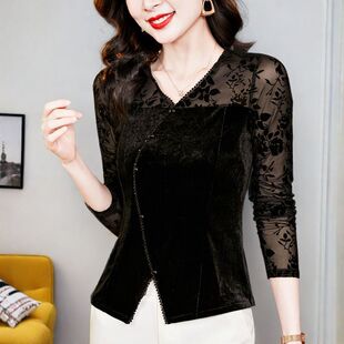黑色V领丝绒拼接植绒网纱打底衫女2026秋季新款百搭不规则上衣女