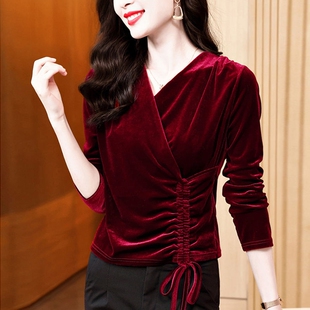 设计感抽绳收腰金丝绒上衣女秋冬新款高贵洋气妈妈小衫内搭打底衫